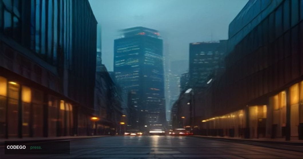 A photorealistic cinematic editorial photograph set in the City of London financial district at dusk, with the iconic glass t