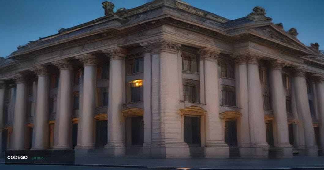 A grand neoclassical central bank building in Brussels, Belgium, photographed at dusk from a low-angle perspective, with the 