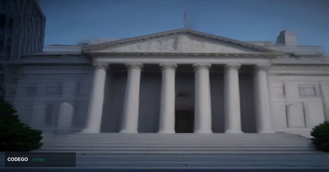 A photorealistic cinematic editorial photograph of the United States Treasury Building in Washington D.C., captured at dusk f