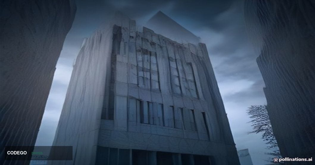 A cinematic editorial photograph shot at eye level from a low angle looking up at the imposing stone and glass facade of a fe