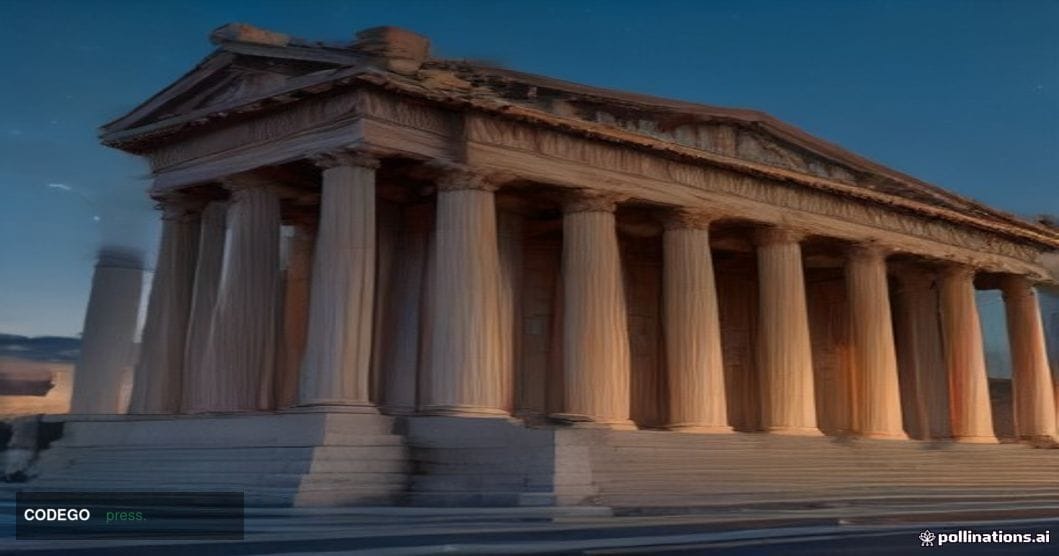 A dramatic wide-angle shot of a grand neoclassical Greek government building at dusk, its marble columns and stone facade bat
