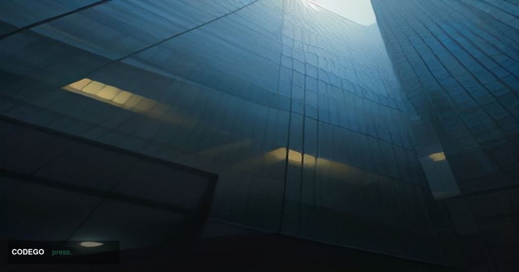 A cinematic editorial photograph shot from a low angle looking up at the glass-and-steel facade of a major financial exchange