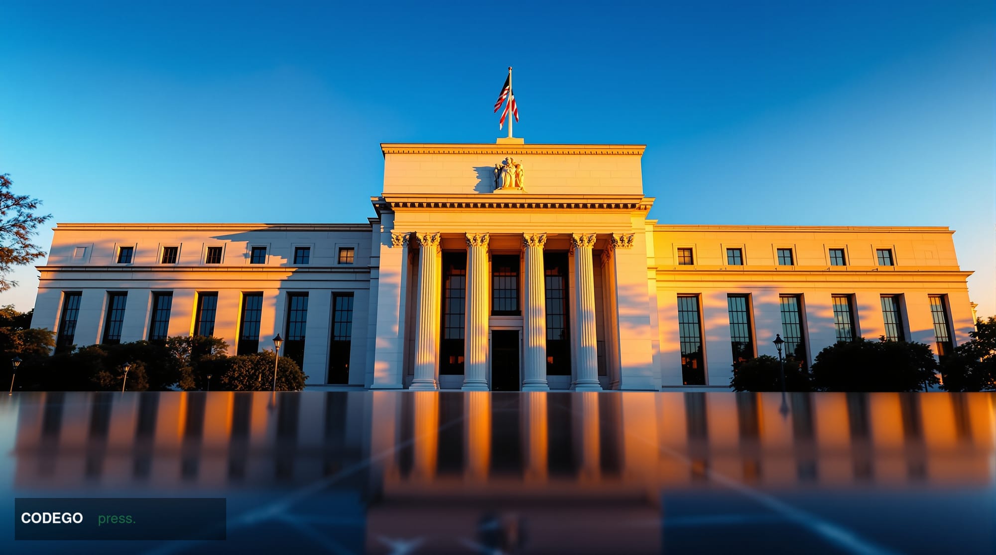 A photorealistic editorial photograph shot from a low angle looking up at the neoclassical stone columns of the Federal Reser