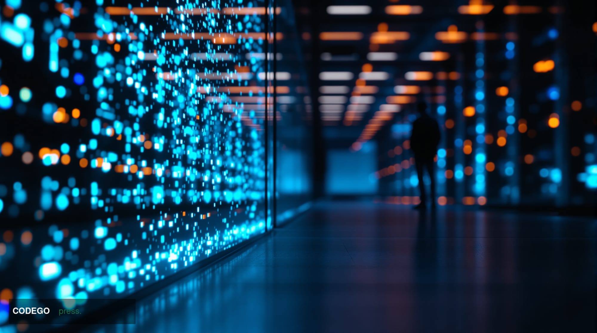 A cinematic editorial photograph shot from a low angle looking up at a darkened server room corridor with rows of cold-blue i