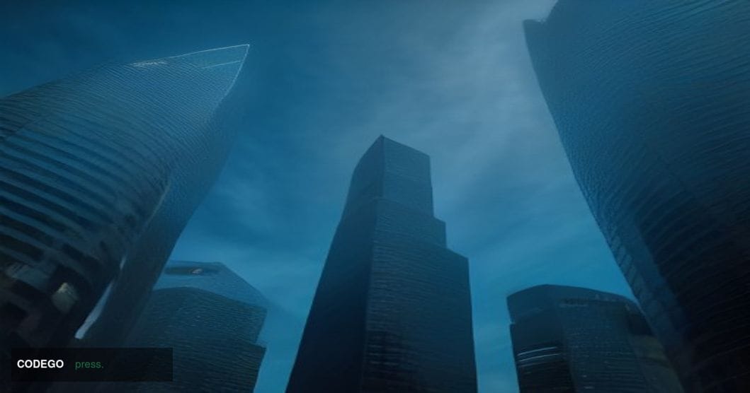A cinematic editorial photograph of Singapore's Marina Bay financial district at dusk, shot from a low angle looking upward a