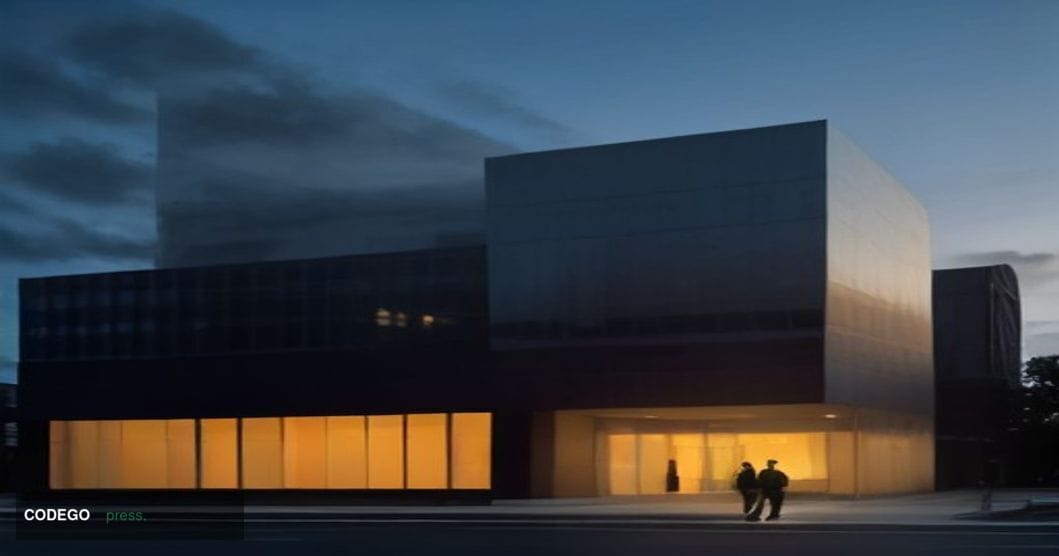 A cinematic editorial photograph of a sleek, modern financial institution exterior at dusk, evoking a minimalist trust bank h