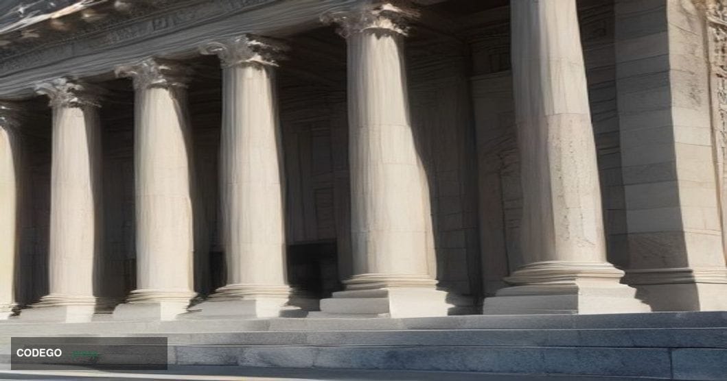A cinematic editorial photograph of a monumental federal banking institution facade — neoclassical granite columns and stone 
