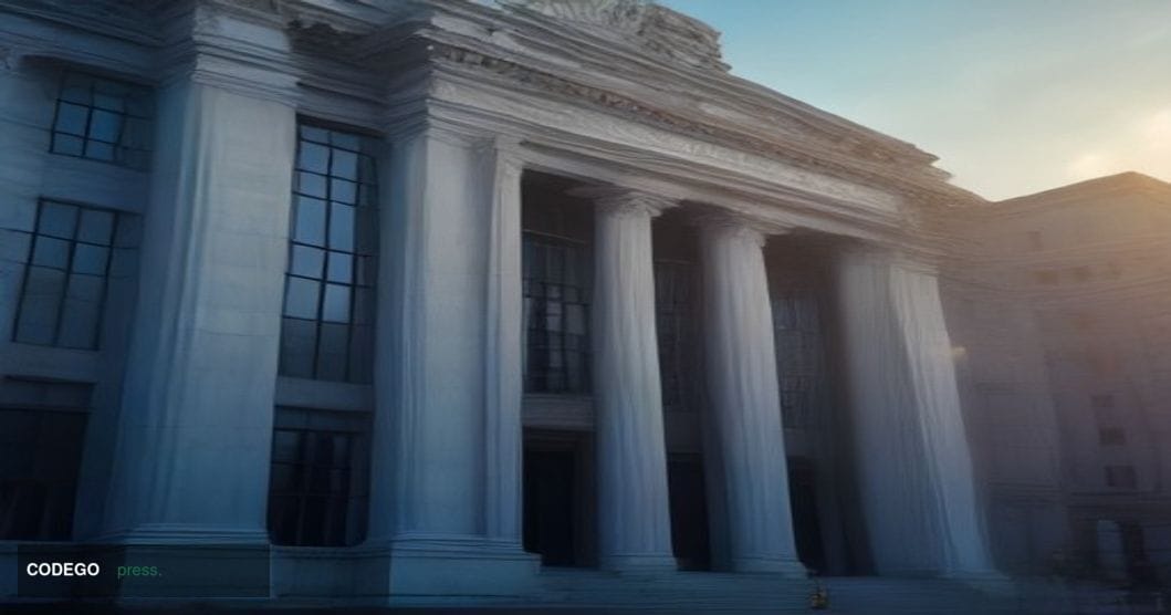 A dramatic cinematic editorial photograph of a grand neoclassical federal financial regulatory building in Washington D.C., s