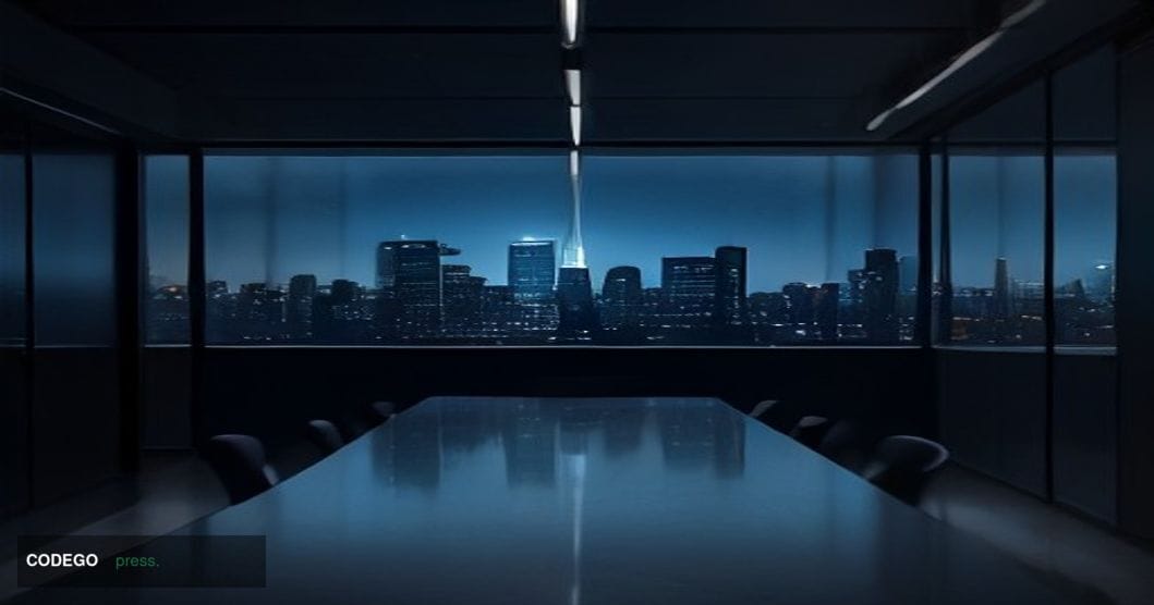 A cinematic editorial photograph set inside a modern financial technology office corridor, shot from a low angle looking towa