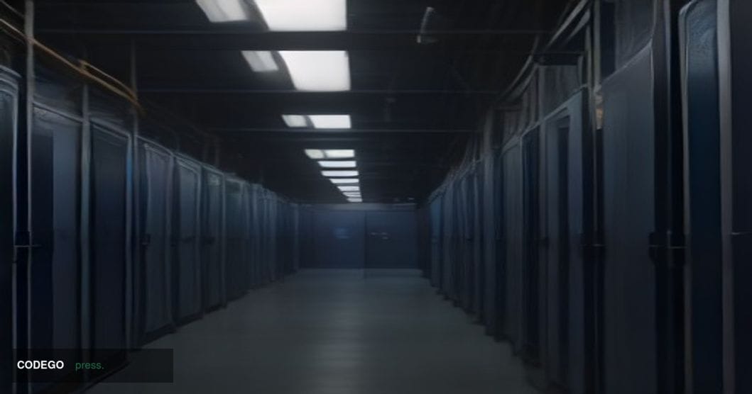 A dramatic cinematic editorial photograph of a fortified server infrastructure corridor deep inside a high-security data cent