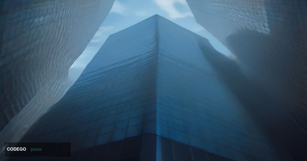 A cinematic editorial photograph shot from a low angle looking up at a towering glass-and-steel financial institution headqua