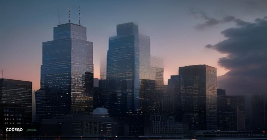 A sweeping low-angle dusk shot of three iconic New York City financial district skyscrapers rendered in glass and steel, thei