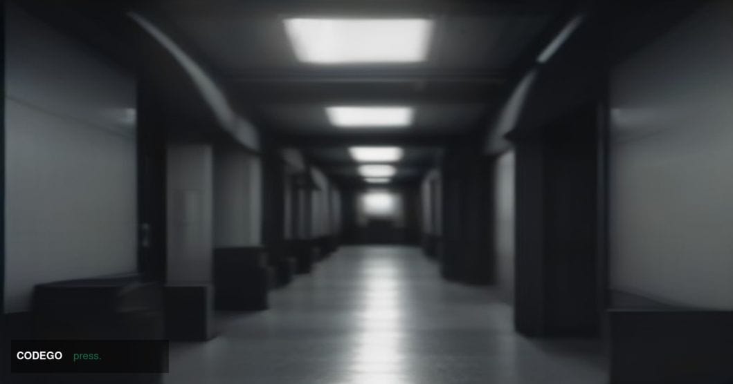 A cinematic editorial photograph depicting a glass-and-steel fintech startup office corridor in San Francisco's SoMa district