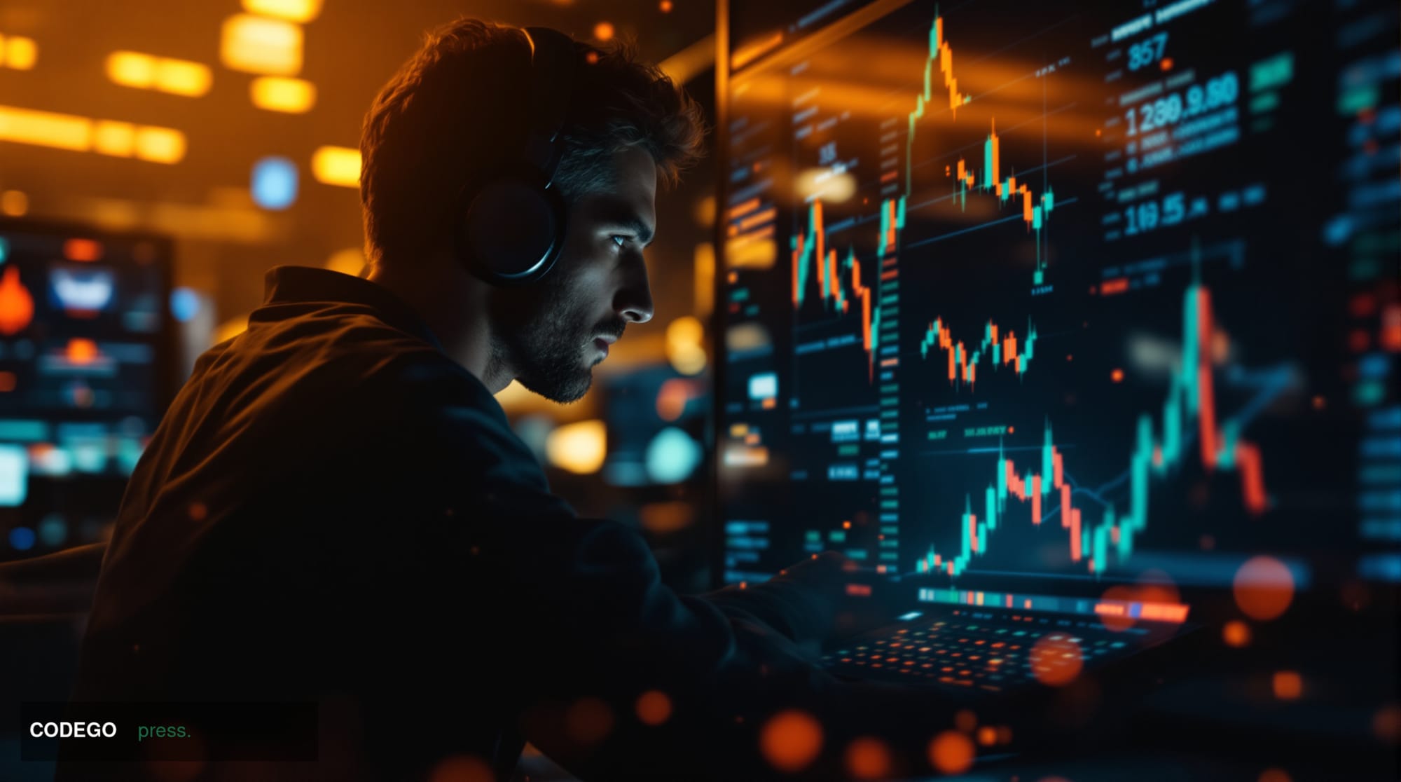 A dramatic cinematic editorial photograph set in a dimly lit blockchain operations center, with large monitors displaying col