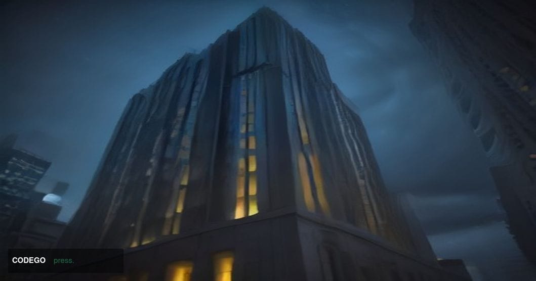 A cinematic editorial photograph shot from a low angle looking up at two contrasting architectural structures — on the left, 