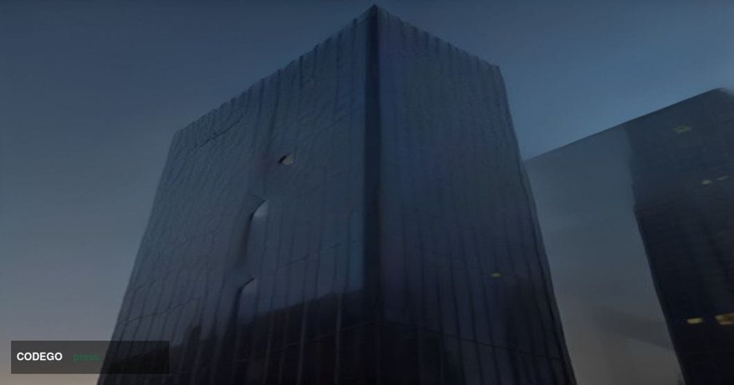 A cinematic editorial photograph shot from a low angle looking upward at the glass-and-steel facade of a major financial dist