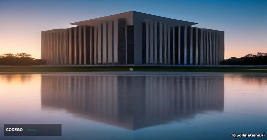 A dramatic wide-angle shot of Brasília's iconic modernist Supreme Court building — the Supremo Tribunal Federal — at dusk, it