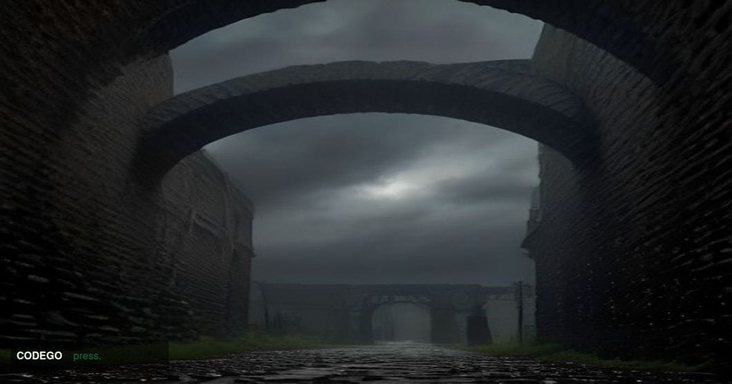 A cinematic editorial photograph shot from ground level looking upward along a Victorian-era brick railway viaduct in central