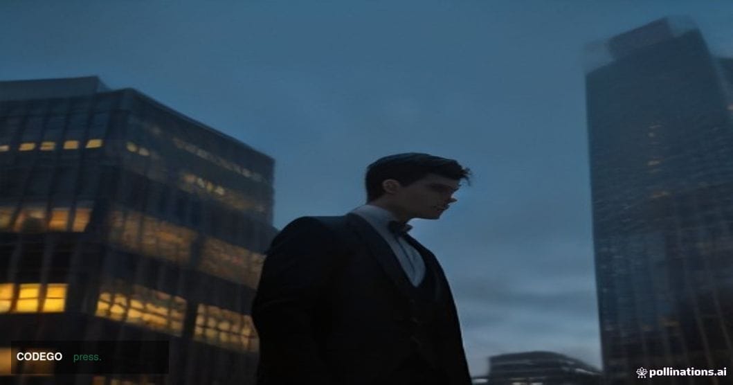 A cinematic editorial photograph of the City of London financial district at dusk, shot from a low angle looking up at glass-