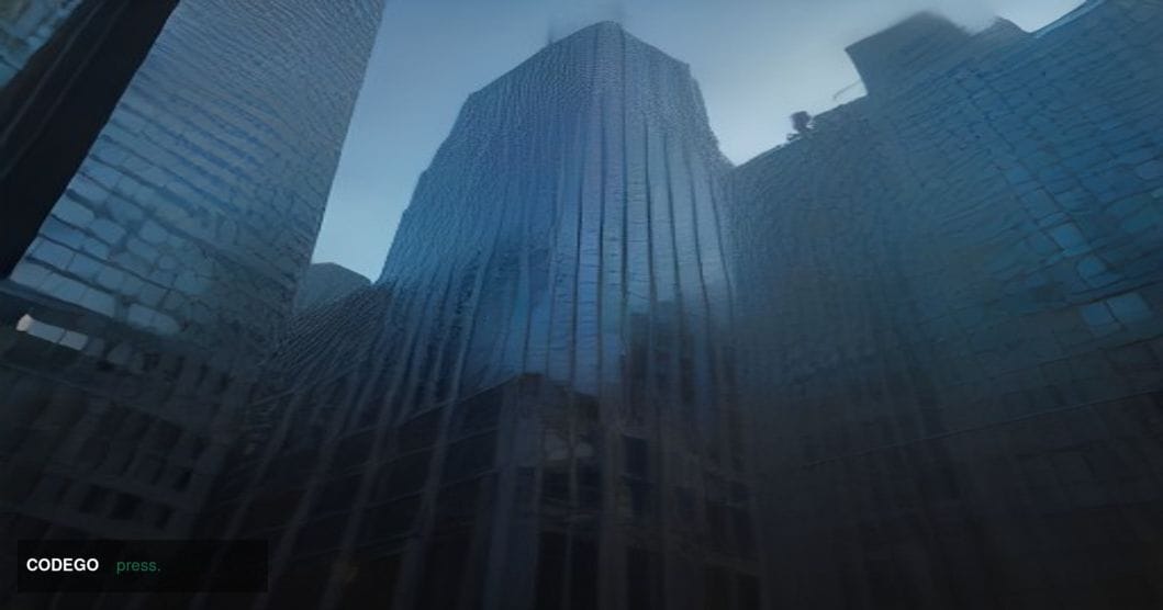 A cinematic editorial photograph of a stately glass-and-steel financial district building in Lower Manhattan at golden hour, 