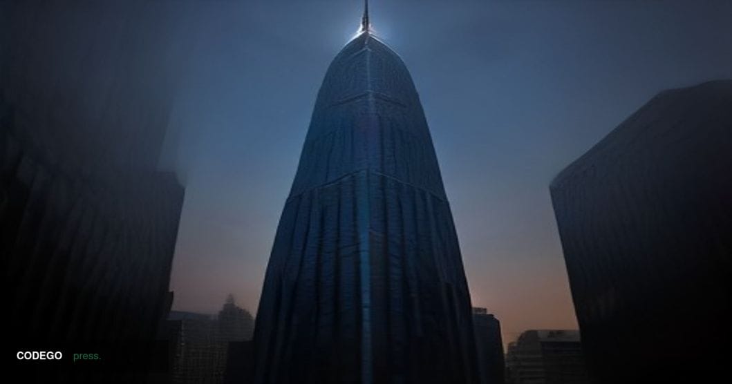 A dramatic cinematic editorial photograph taken at a wide low angle looking up at a sleek, towering glass-and-steel corporate