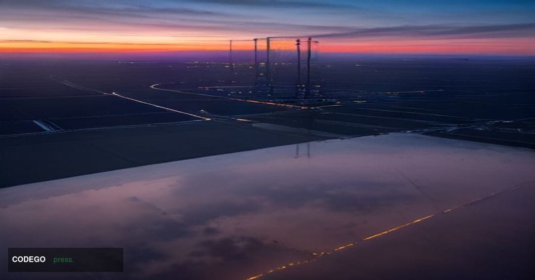 A sweeping aerial cinematic shot at dusk looking down on a vast, state-of-the-art data center campus in a remote landscape — 