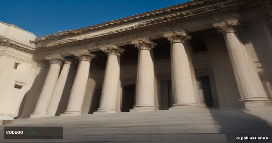 A cinematic editorial photograph shot from a low angle looking up at the grand neoclassical stone facade of a California stat
