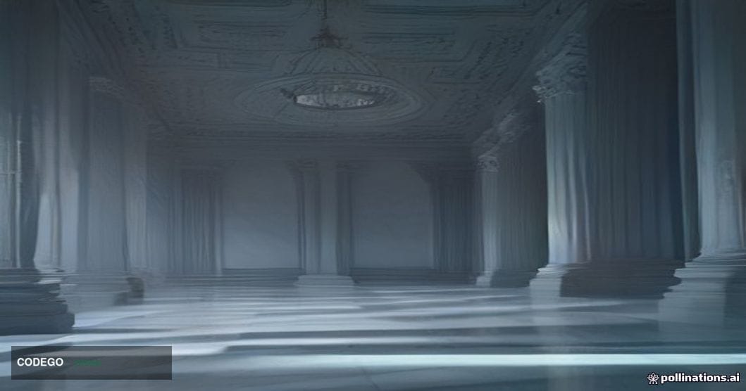 A grand neoclassical Canadian bank headquarters rendered in moody cinematic lighting, shot from a low-angle perspective looki