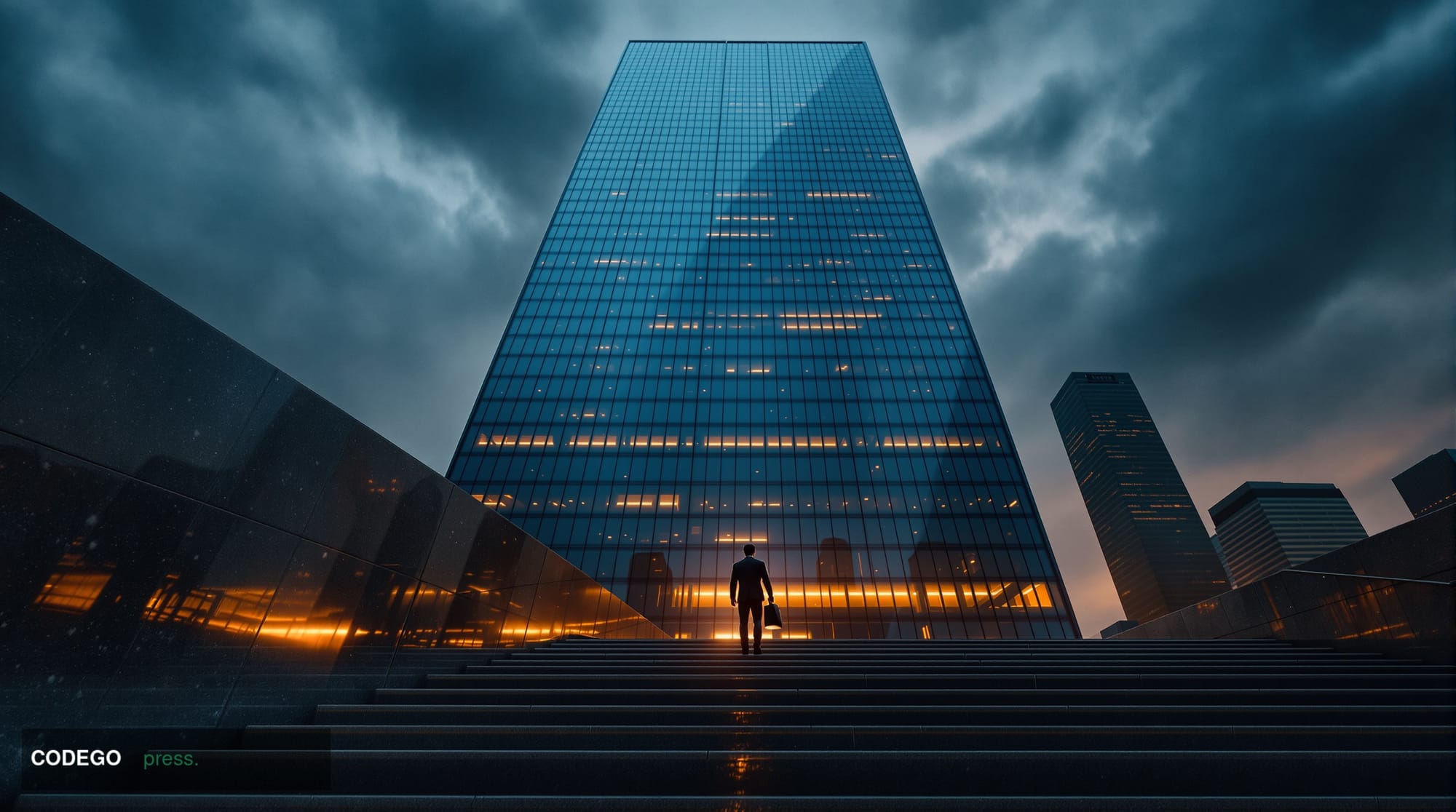A dramatic photorealistic editorial photograph shot at a low angle looking up at a cold, imposing financial district glass to