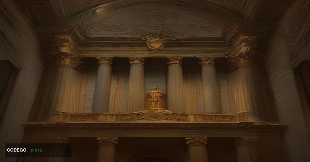 A photorealistic cinematic editorial photograph shot at ground level looking up at the imposing neoclassical stone facade of 