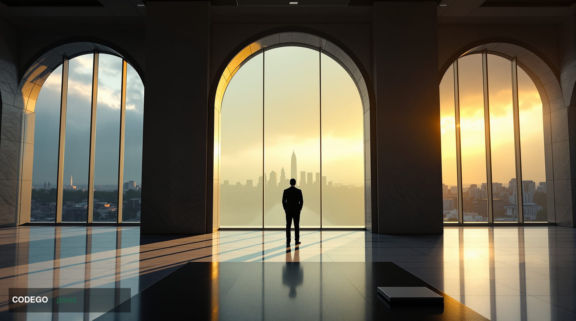A photorealistic cinematic editorial photograph set inside a grand, modernist U.S. federal regulatory building interior — wid