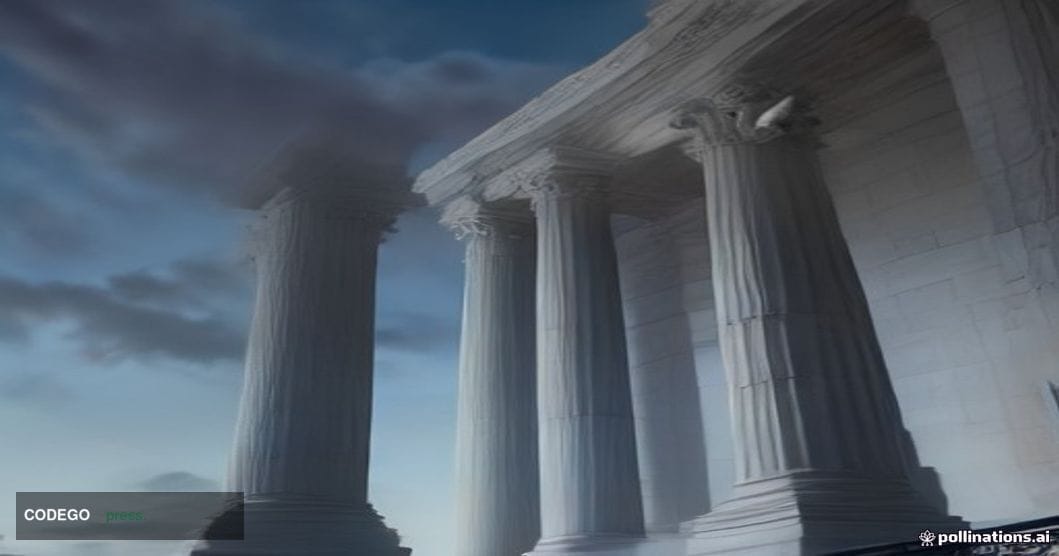 A dramatic cinematic editorial photograph of the exterior of a monumental neoclassical government building in Washington D.C.