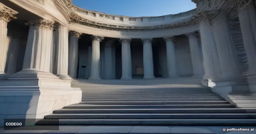 A dramatic wide-angle shot of the exterior of a stately Washington D.C. federal government building at dusk, its neoclassical