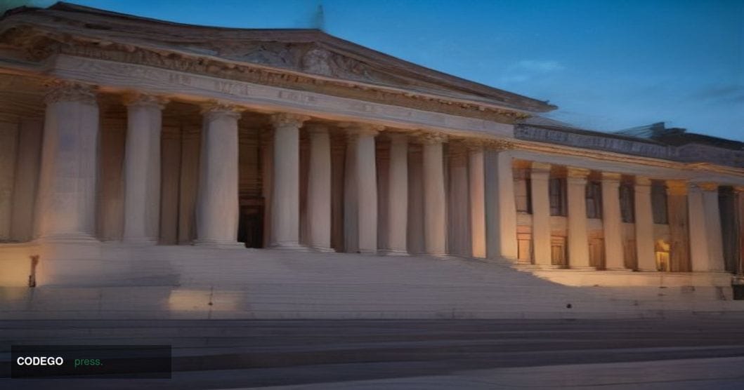 A grand neoclassical federal courthouse exterior photographed at dusk from a low-angle perspective, its wide stone steps risi