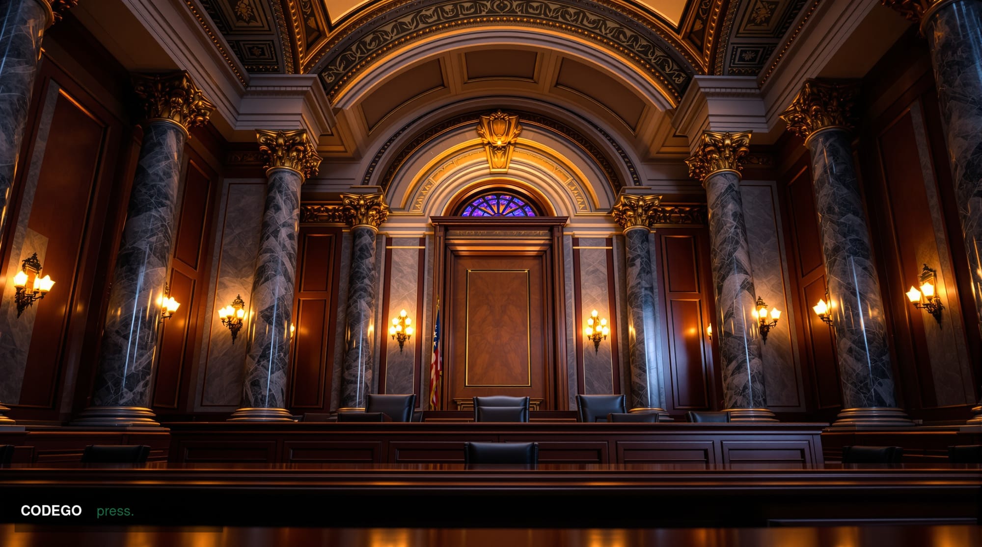 A dramatic wide-angle interior shot of a grand federal regulatory hearing chamber in Washington D.C., photographed from a low
