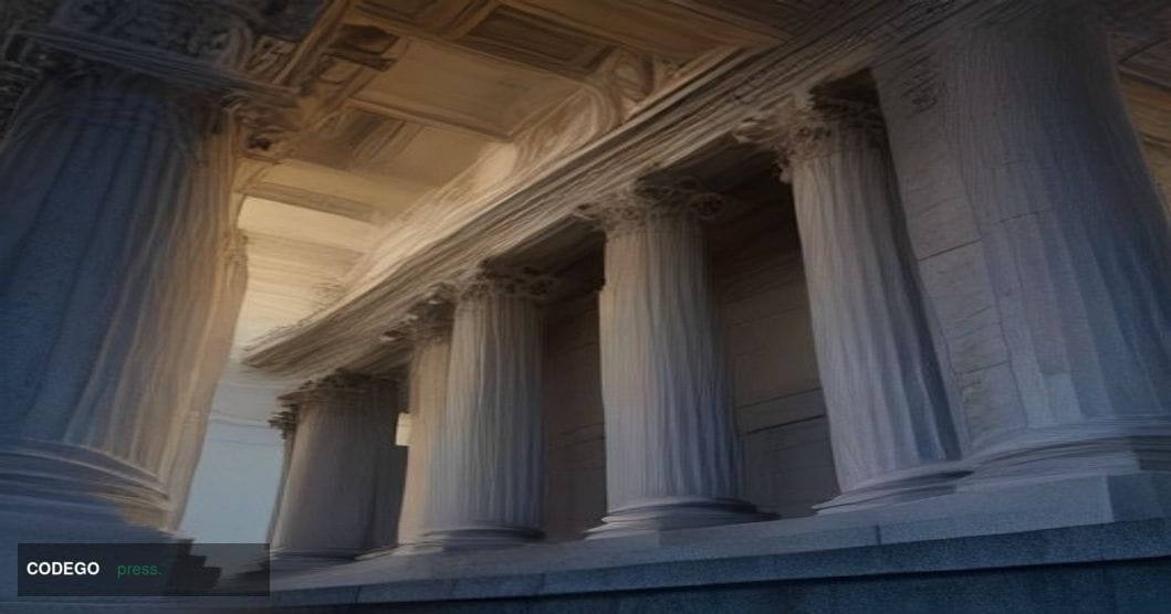 A grand neoclassical federal courthouse exterior in Washington D.C. at dusk, shot from a low-angle perspective looking upward