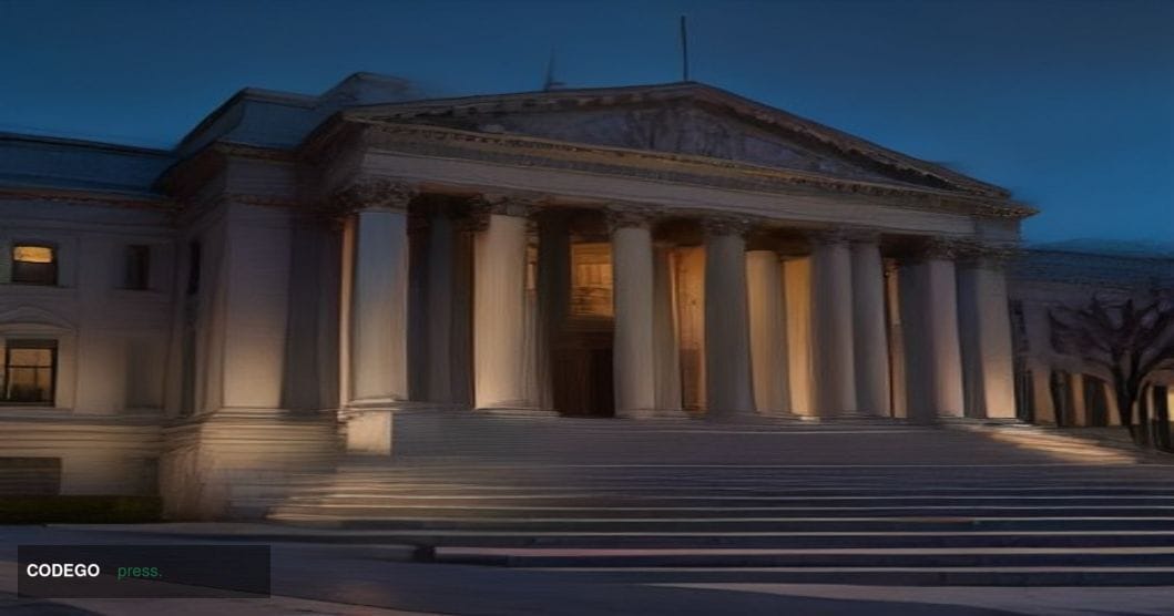 A wide-angle cinematic shot of a grand federal courthouse exterior in Washington D.C., photographed at dusk with dramatic chi