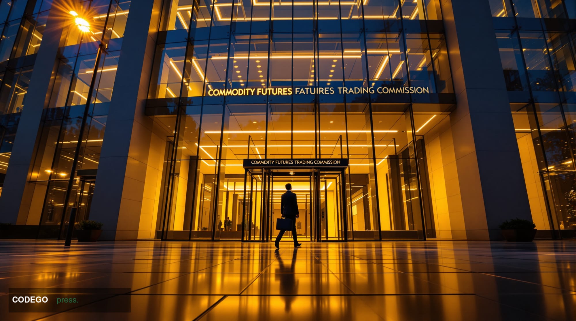 A sweeping cinematic wide-angle shot of the exterior of the Commodity Futures Trading Commission's Washington D.C. headquarte
