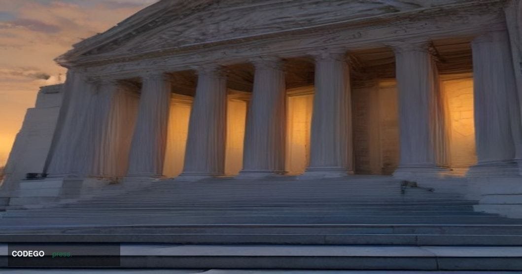 A grand neoclassical federal government building in Washington D.C. photographed at dusk from a low-angle perspective, with t