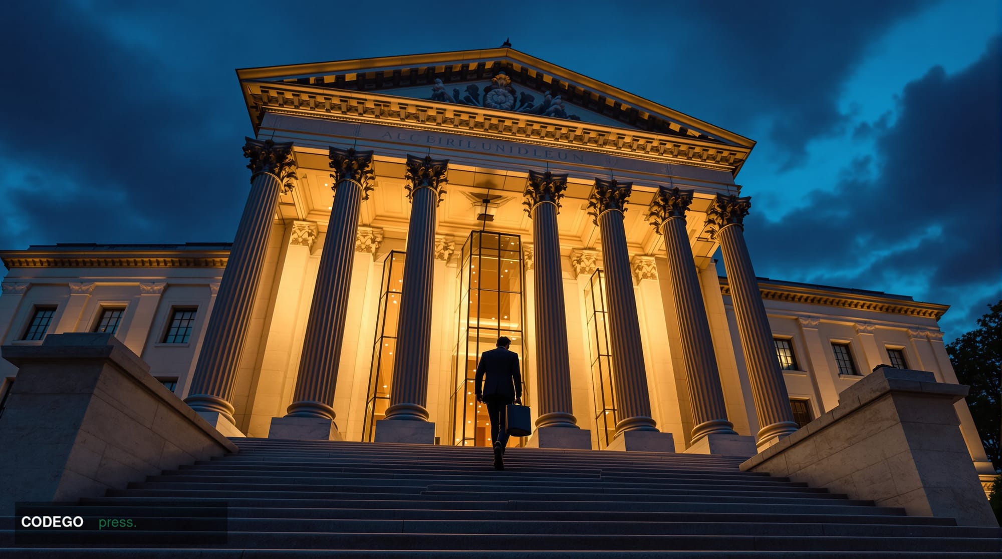 A cinematic editorial photograph of a grand neoclassical government regulatory building facade in Washington D.C., shot from 