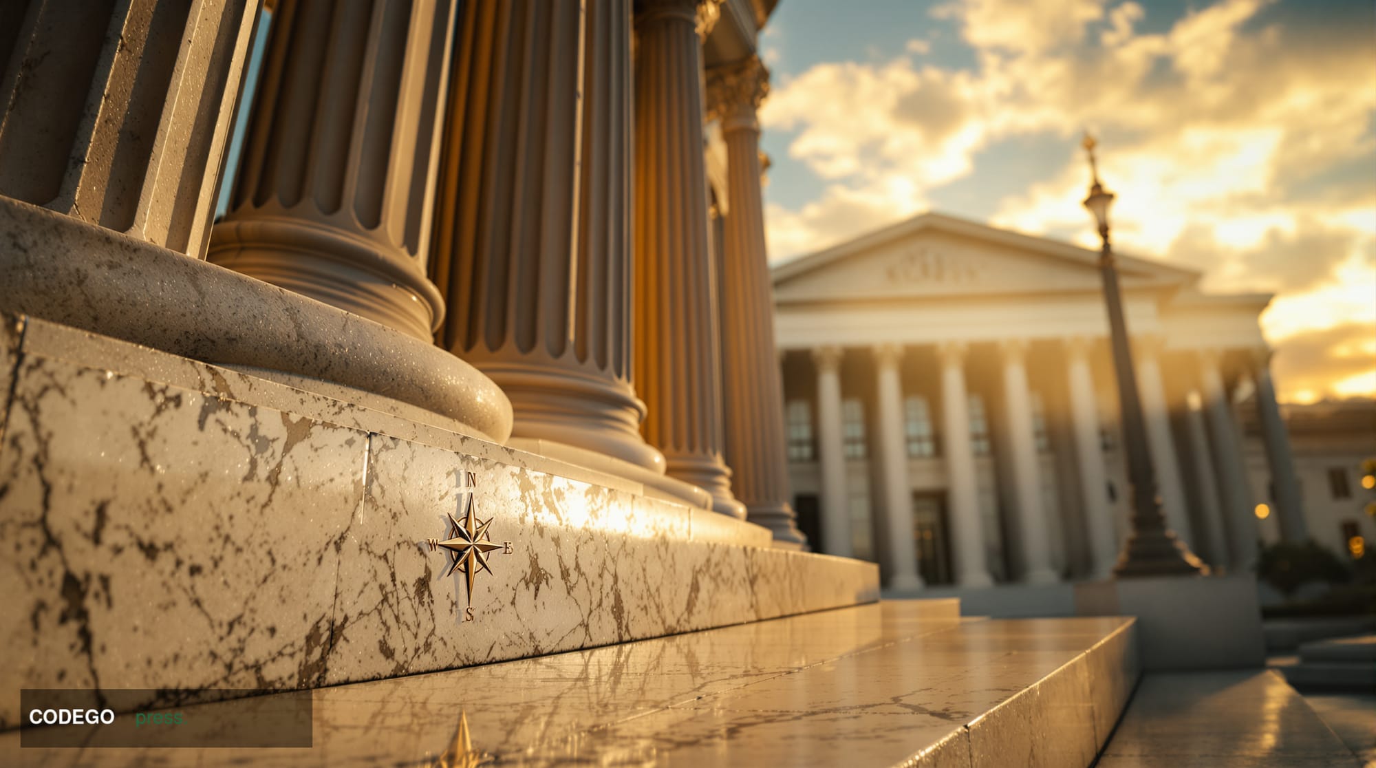 A cinematic editorial photograph taken at ground level looking up at the neoclassical stone columns of a federal government b