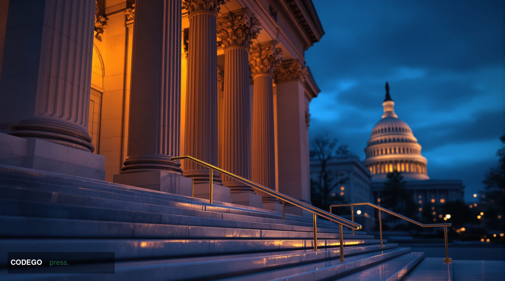 A dramatic wide-angle cinematic shot of the exterior of a federal regulatory building in Washington D.C., photographed at dus