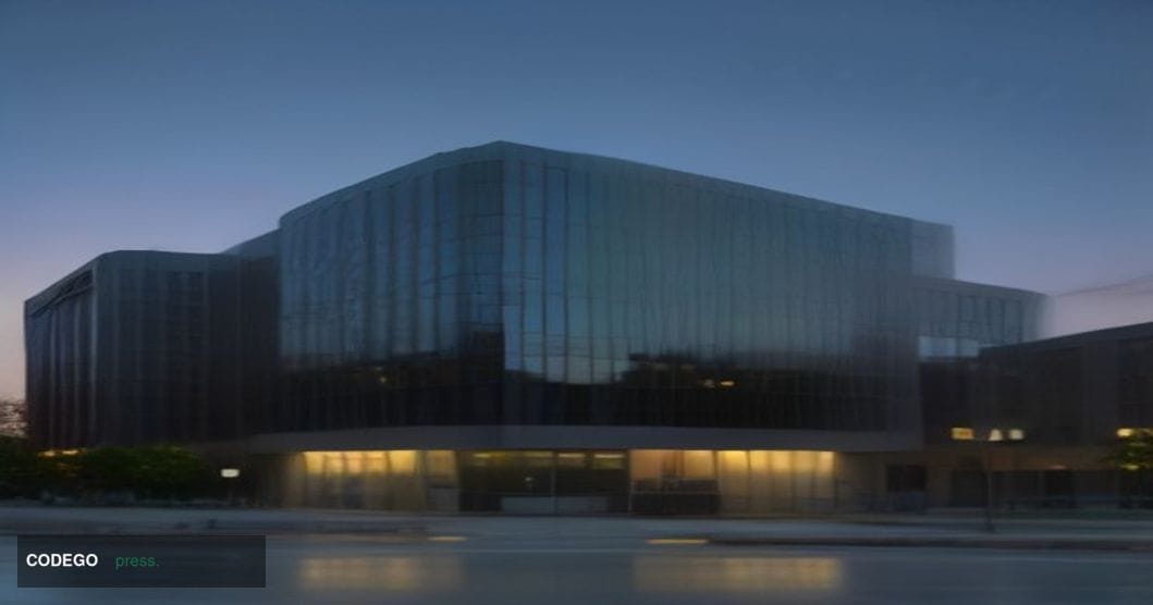 A wide-angle cinematic shot of a modern glass-and-steel financial district building exterior at dusk in Oklahoma City, its bl