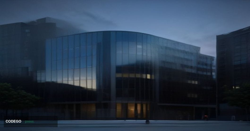 A cinematic editorial photograph of a sleek, modern American fintech corporate campus exterior at dusk, shot from a low angle