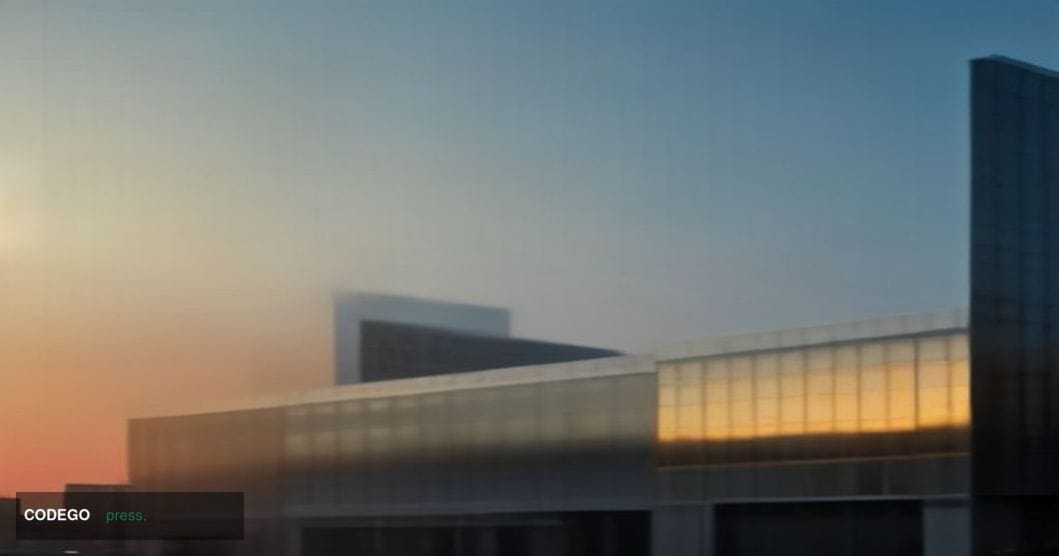 A cinematic editorial photograph of a sleek, modern mid-sized American community bank exterior at golden hour, shot from a lo