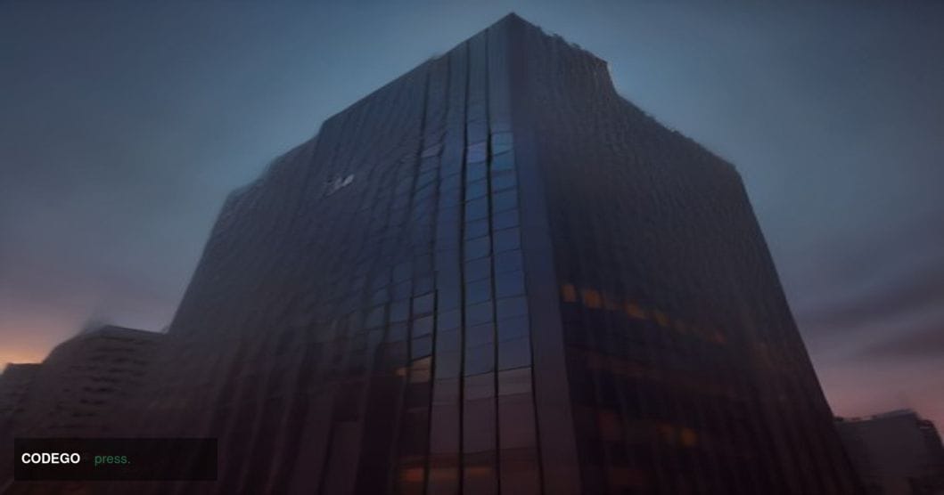 A cinematic editorial photograph of a modern fintech corporate headquarters exterior in San Francisco, California, shot at du