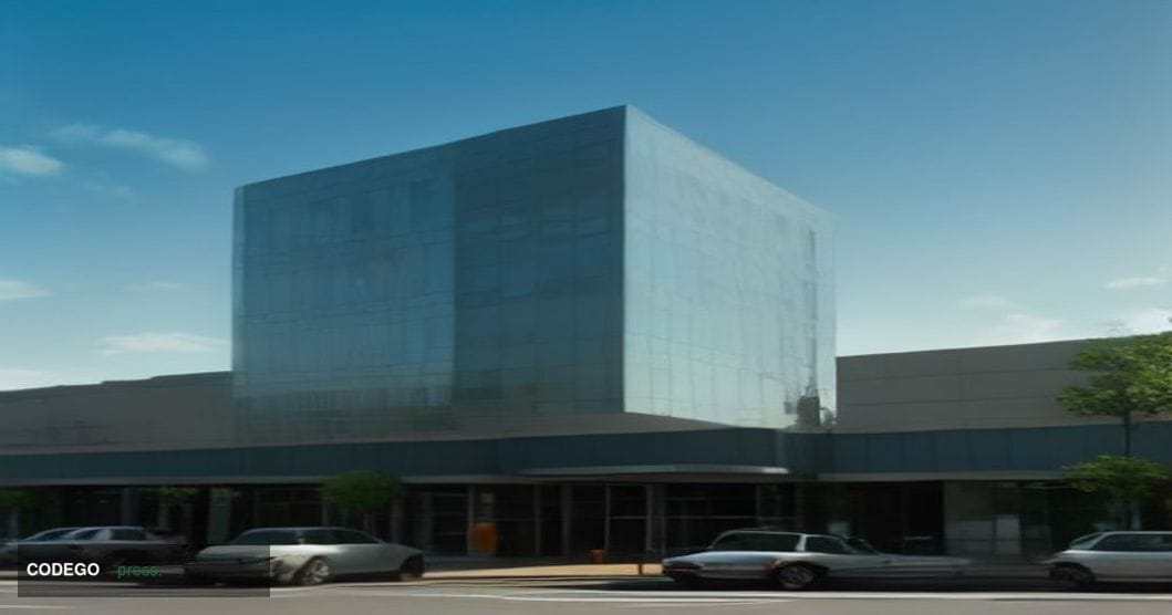 A wide-angle exterior shot of a modern American community bank branch building at golden hour, photographed from a low angle 