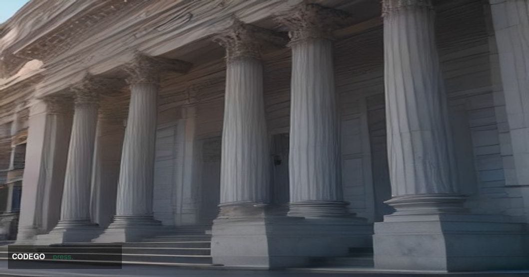 A cinematic editorial photograph capturing the convergence of traditional and digital finance: a grand neoclassical bank buil