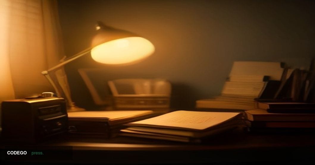 A dimly lit writer's desk in a classic study environment, photographed from a low cinematic angle with a shallow depth of fie