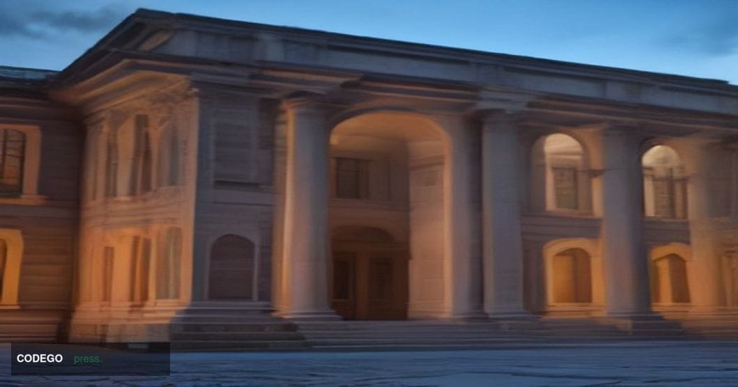 A photorealistic editorial photograph of a grand Swiss federal institutional building exterior — classic Bern sandstone archi